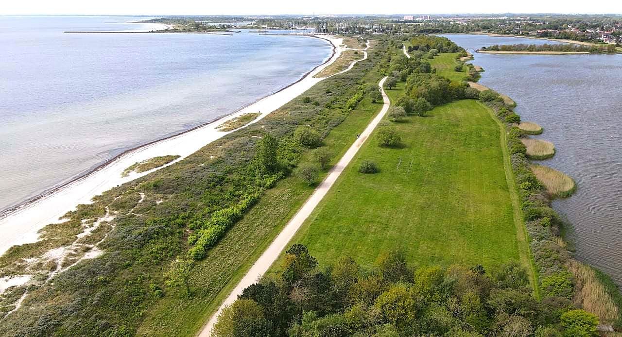 Luftfoto af kysten og de grønne marker ved Stevns